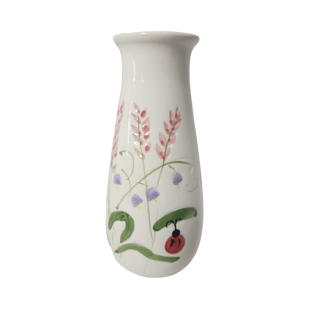 Ceramic Vase Ladybug Floral Design Small White‎ Accent Piece